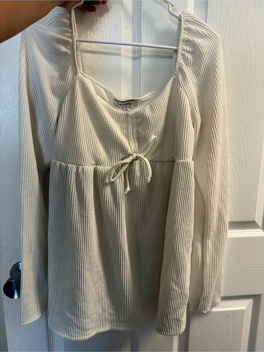 francesca's Ribbed Tie-Front Blouse in Cream Size Large